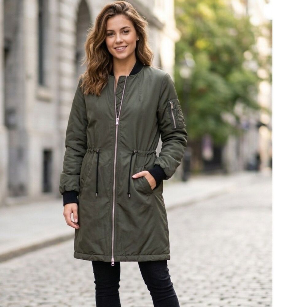 H&M Divided Olive Green Longline Bomber Jacket Coat Size 4